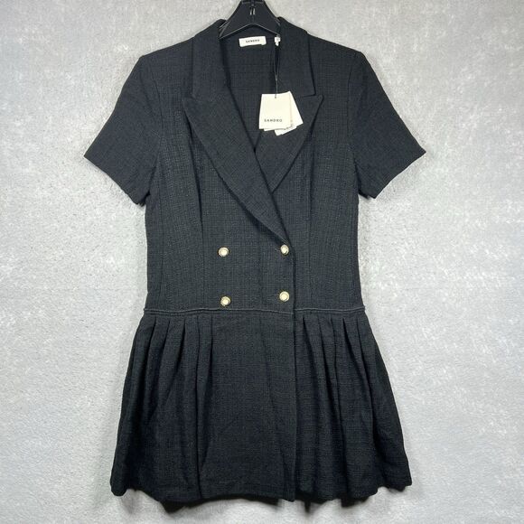 SANDRO Short Coat Mini Dress Pleated H20ROSSA Tweed BLACK US 8/ FR 40 $445 NEW! - Picture 1 of 15